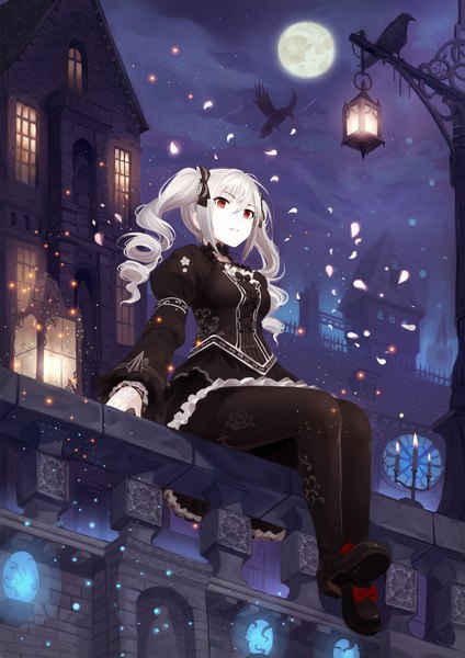 Anime picture 2500x3535 with idolmaster idolmaster cinderella girls kanzaki ranko sc068 single long hair tall image looking at viewer fringe highres hair between eyes red eyes sitting twintails payot silver hair cloud (clouds) full body outdoors long sleeves