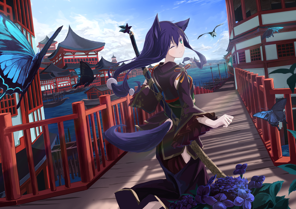 Anime picture 2047x1447 with original mikisai single long hair looking at viewer blush fringe highres smile hair between eyes standing green eyes animal ears sky purple hair cloud (clouds) outdoors tail traditional clothes japanese clothes