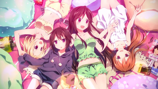 Anime picture 3840x2160 with a channel ichii tooru nishi yuuko momoki run tennouji nagisa yuuki tatsuya long hair blush highres short hair open mouth black hair blonde hair brown hair wide image purple eyes multiple girls looking away absurdres lying