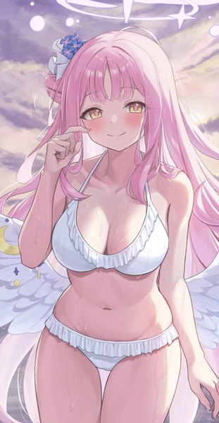 Anime picture 2114x4081 with blue archive mika (blue archive) nashi (nashipple1) single long hair tall image looking at viewer blush fringe highres breasts light erotic smile large breasts standing yellow eyes pink hair sky cleavage cloud (clouds)