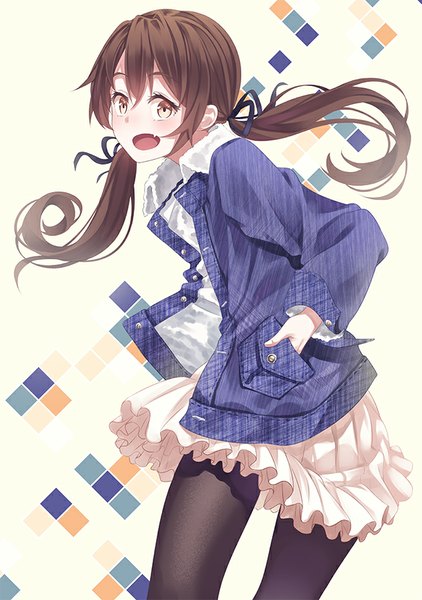 Anime picture 633x900 with original yasuno (airy light) single long hair tall image blush fringe open mouth brown hair standing twintails brown eyes open clothes open jacket teeth fang (fangs) hand in pocket girl ribbon (ribbons) hair ribbon