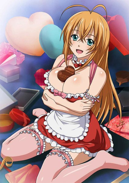 Anime picture 960x1357 with ikkitousen sonsaku hakufu tagme (artist) single long hair tall image looking at viewer blush fringe breasts open mouth light erotic blonde hair large breasts sitting green eyes ahoge alternate costume no shoes wariza