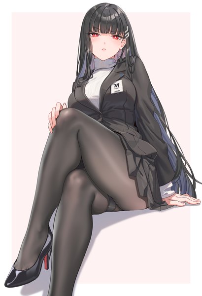 Anime picture 2480x3625 with blue archive rio (blue archive) fangxiang cuoluan single long hair tall image looking at viewer blush fringe highres breasts light erotic black hair simple background red eyes sitting bent knee (knees) blunt bangs long sleeves parted lips
