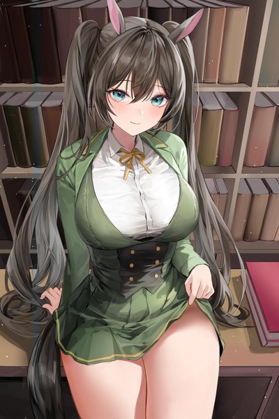 Anime-Bild 2731x4096 mit original lillly single tall image looking at viewer blush fringe highres breasts light erotic black hair smile hair between eyes large breasts standing sitting twintails animal ears payot indoors