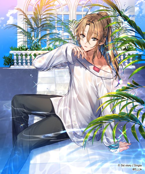 Anime picture 750x898 with sid story dorian (sid story) interitio single long hair tall image fringe hair between eyes brown hair sitting signed looking away sky cloud (clouds) bent knee (knees) ponytail parted lips off shoulder wide sleeves arm support