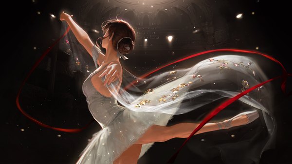 Anime picture 7680x4320 with original bangsom single fringe highres short hair breasts brown hair wide image payot absurdres hair bun (hair buns) light spread arms ballerina ballet arabesque (pose) girl ribbon (ribbons) earrings