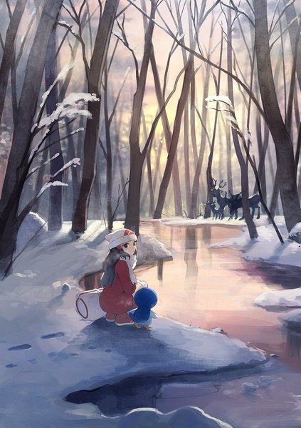 Anime picture 1057x1500 with pokemon pokemon dppt nintendo dawn (pokemon) piplup stantler yukin (es) single long hair tall image looking at viewer blue eyes black hair full body outdoors looking back snow squat bare tree river