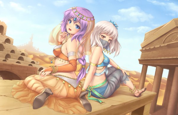 Anime picture 1352x876 with original sasaame long hair short hair open mouth blue eyes bare shoulders multiple girls brown eyes sky purple hair cloud (clouds) white hair traditional clothes girl hair ornament 2 girls bracelet mask