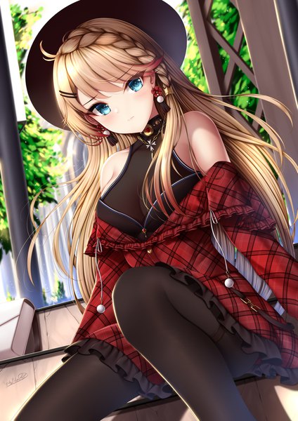 Anime picture 1273x1800 with azur lane howe (azur lane) howe (noble rouge) (azur lane) wsman single long hair tall image looking at viewer blush fringe breasts blue eyes light erotic blonde hair large breasts sitting bare shoulders signed payot ahoge