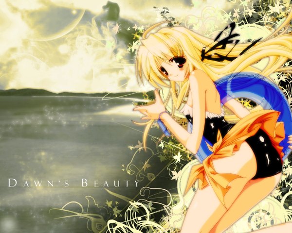 Anime picture 1280x1024 with single long hair blush light erotic blonde hair red eyes looking back light smile girl sea