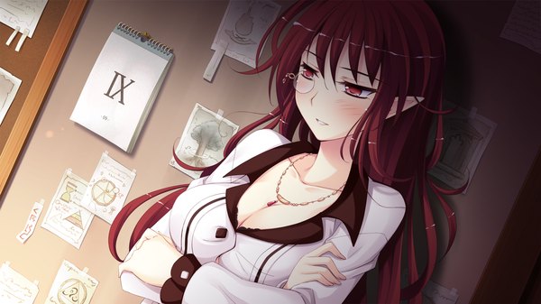 Anime picture 1280x720 with witch's garden kagami yuuko ko~cha single long hair blush red eyes wide image game cg red hair pointy ears girl glasses