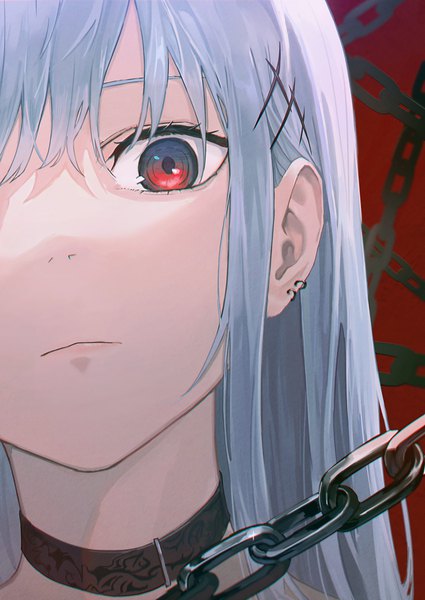 Anime picture 2453x3460 with original shichi (ratorin53) single long hair tall image looking at viewer fringe highres red eyes payot silver hair close-up face girl hair ornament earrings choker chain