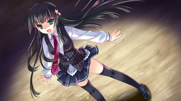 Anime picture 2048x1152 with guardian place skyfish (studio) suminoin ouka saeki hokuto single long hair highres open mouth black hair wide image green eyes game cg girl thighhighs skirt black thighhighs miniskirt necktie