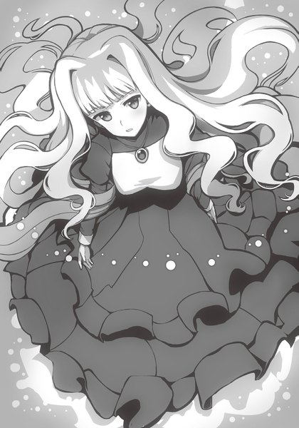 Anime picture 1075x1536 with campione! alice louise sikorsky single long hair tall image looking at viewer blush fringe breasts open mouth standing payot blunt bangs head tilt from above puffy sleeves floating hair monochrome frilled dress