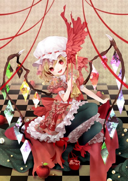 Anime picture 1061x1500 with touhou flandre scarlet yoko (shiocolor) tall image short hair blonde hair red eyes checkered floor girl dress ribbon (ribbons) wings bonnet apple