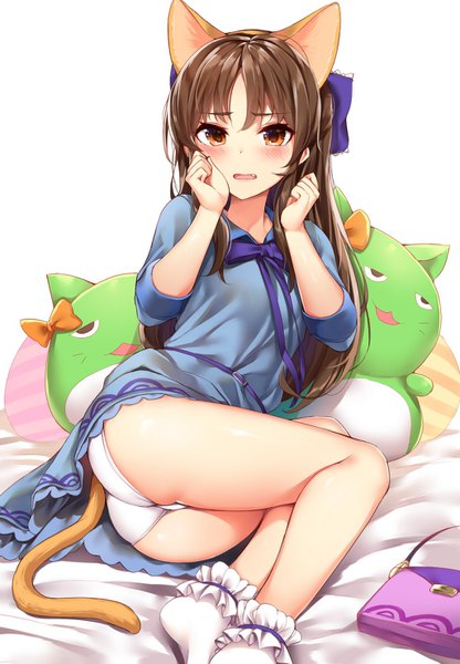 Anime picture 1026x1479 with idolmaster idolmaster cinderella girls tachibana arisu kaerunoko single long hair tall image looking at viewer blush open mouth light erotic simple background brown hair white background brown eyes animal ears tail animal tail cat ears cat tail