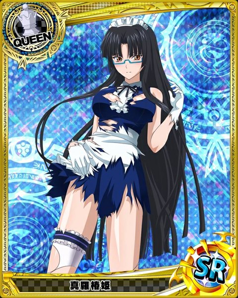 Anime picture 640x800 with highschool dxd shinra tsubaki single tall image looking at viewer light erotic black hair brown eyes very long hair maid torn clothes card (medium) girl thighhighs dress gloves uniform white thighhighs glasses elbow gloves