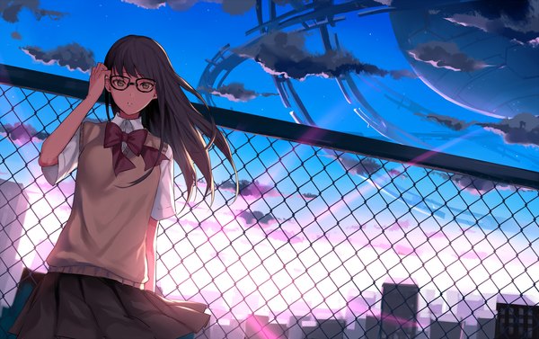 Anime picture 1614x1016 with original suusuke single long hair black hair brown eyes sky cloud (clouds) girl uniform school uniform glasses bowtie