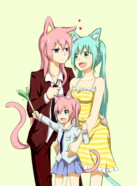 Anime picture 1252x1700 with vocaloid hatsune miku megurine luka nejikyuu long hair tall image blue eyes simple background white background twintails multiple girls animal ears pink hair tail animal tail aqua eyes cat ears aqua hair cat tail yellow background
