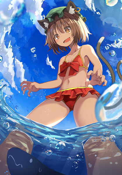 Anime picture 1401x2011 with touhou chen mamemochi single tall image blush fringe short hair open mouth light erotic smile hair between eyes brown hair standing brown eyes animal ears sky cloud (clouds) outdoors tail