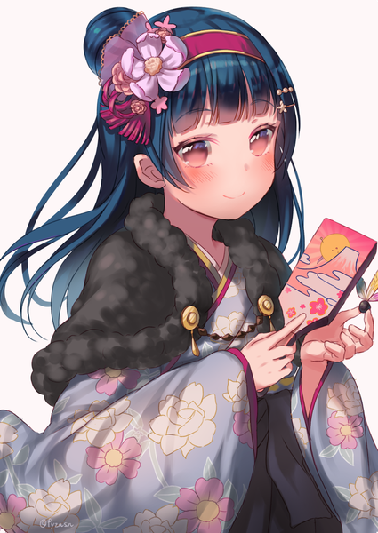 Anime picture 850x1200 with love live! sunshine!! sunrise (studio) love live! tsushima yoshiko fuyuzima single long hair tall image blush simple background smile red eyes white background holding blue hair upper body traditional clothes japanese clothes hair bun (hair buns) new year