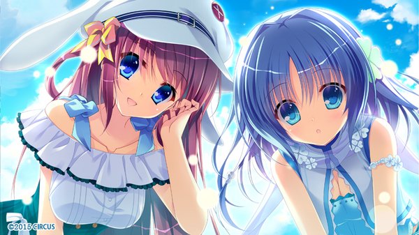 Anime picture 800x450 with d.s. -dal segno- circus (studio) asamiya himari ame (d.s. -dal segno-) long hair looking at viewer fringe open mouth blue eyes wide image bare shoulders multiple girls blue hair pink hair game cg sky cleavage cloud (clouds) leaning leaning forward