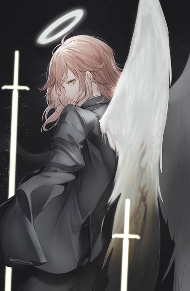 Anime picture 1534x2352 with chainsaw man mappa angel devil (chainsaw man) marumoru single long hair tall image looking at viewer fringe simple background brown hair standing yellow eyes profile looking back from behind black background angel wings white wings hands in sleeves