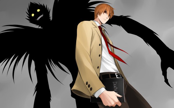 Anime picture 1024x640 with death note madhouse yagami light ryuk kriss sison looking at viewer fringe short hair simple background smile hair between eyes brown hair standing holding brown eyes grey background multiple boys teeth from below glowing