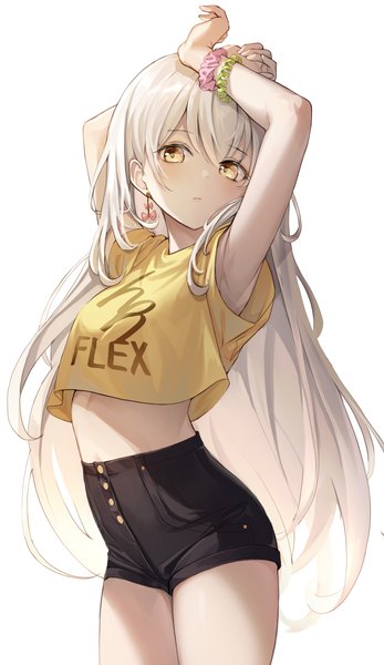 Anime picture 3416x5910 with original dampi single long hair tall image blush fringe highres simple background blonde hair hair between eyes standing white background yellow eyes looking away absurdres arms up short sleeves midriff clothes writing