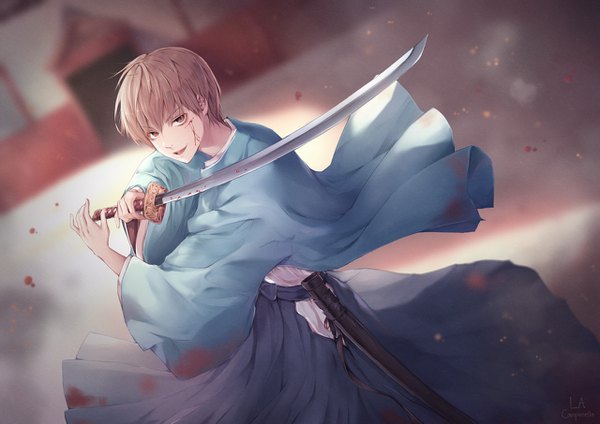 Anime picture 1280x905 with gintama sunrise (studio) okita sougo la campanella single looking at viewer fringe short hair open mouth smile hair between eyes brown hair standing holding brown eyes signed traditional clothes japanese clothes wide sleeves dutch angle