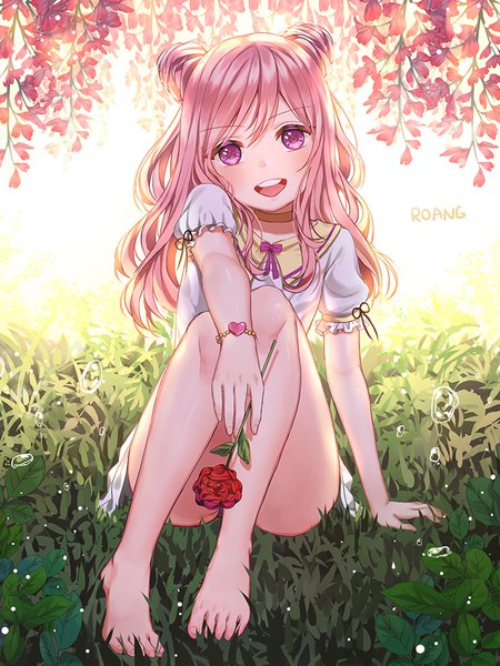 Anime picture 700x933 with original roang single long hair tall image looking at viewer blush fringe open mouth light erotic smile hair between eyes sitting holding signed pink hair outdoors :d pink eyes barefoot