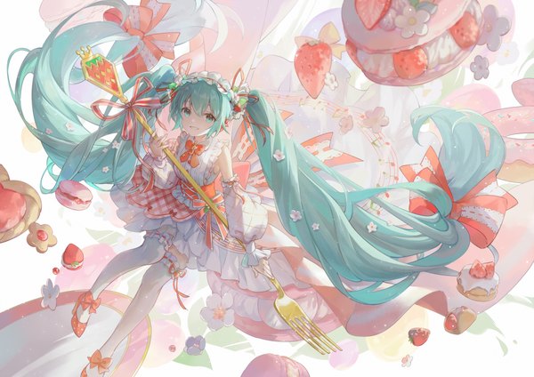 Anime picture 1414x1000 with vocaloid hatsune miku strawberry miku (morikura) ouu min single looking at viewer fringe smile hair between eyes twintails very long hair aqua eyes from above aqua hair grin girl thighhighs bow hair bow detached sleeves