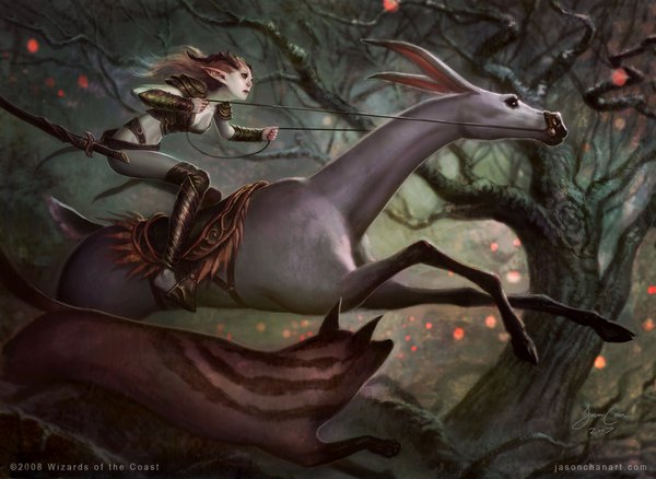 Anime picture 1094x800 with jason chan long hair pink hair horn (horns) pointy ears black eyes running girl weapon plant (plants) animal sword tree (trees) forest horse fox