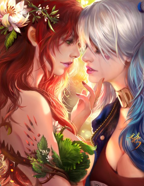 Anime picture 638x825 with batman dc comics harley queen poison ivy jiuge long hair tall image breasts light erotic large breasts bare shoulders multiple girls green eyes blue hair cleavage silver hair red hair nail polish multicolored hair hair flower