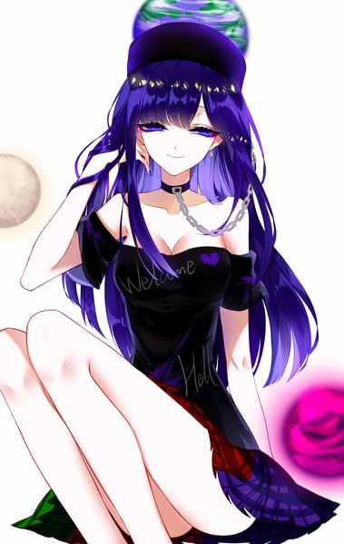Anime picture 2150x3400 with touhou hecatia lapislazuli sheya single long hair tall image looking at viewer highres breasts light erotic simple background smile large breasts white background sitting purple eyes cleavage purple hair bent knee (knees) off shoulder