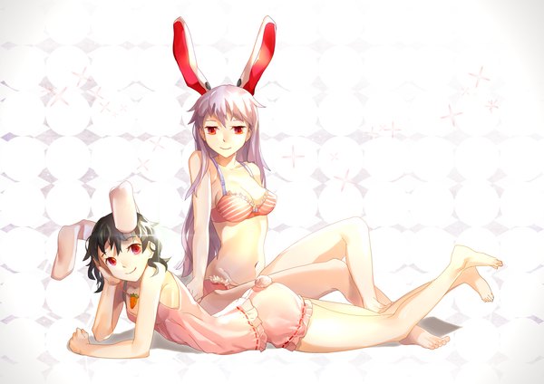 Anime picture 1414x1000 with touhou reisen udongein inaba inaba tewi hihhih long hair short hair breasts light erotic black hair sitting multiple girls animal ears purple hair lying barefoot light smile arm support bare belly bunny ears on stomach