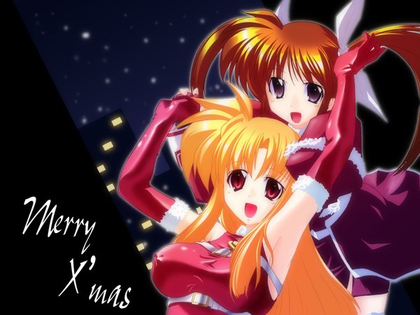 Anime picture 1600x1200 with mahou shoujo lyrical nanoha fate testarossa takamachi nanoha christmas girl ribbon (ribbons)