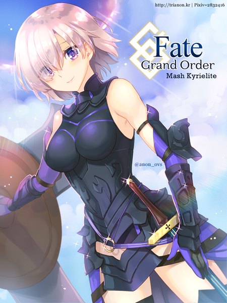 Anime picture 675x900 with fate (series) fate/grand order mash kyrielight trianon single tall image looking at viewer fringe short hair standing purple eyes pink hair sky light smile hair over one eye sparkle copyright name character names girl weapon