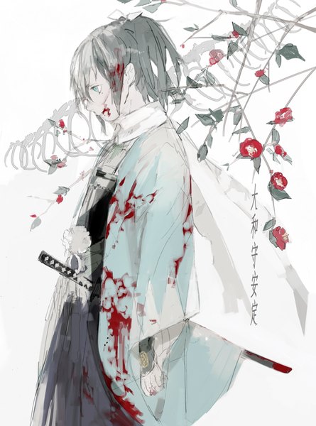 Anime picture 600x808 with touken ranbu nitroplus yamato no kami yasusada daken single long hair tall image fringe blue eyes black hair ponytail traditional clothes japanese clothes profile wide sleeves blood on face skeleton blood stains bloody weapon alternate hair color