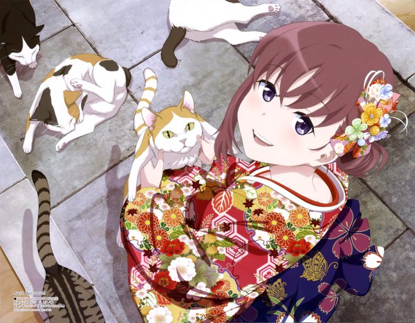 Anime picture 4098x3201 with just because! megami magazine pine jam natsumi mio shikibu miyoko single looking at viewer fringe highres open mouth smile brown hair purple eyes absurdres traditional clothes japanese clothes hair flower from above official art floral print