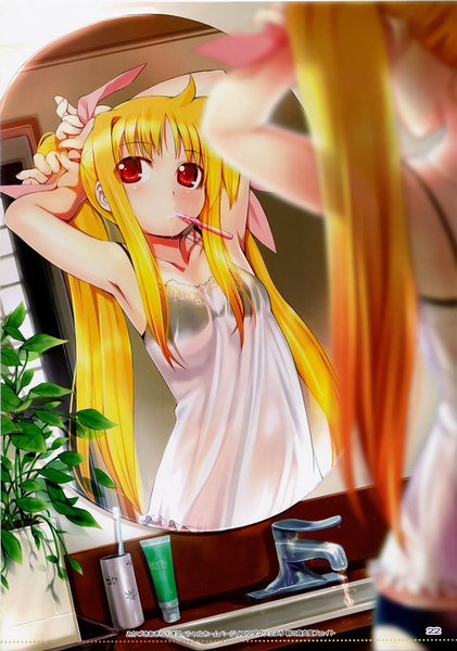 Anime picture 1405x2000 with mahou shoujo lyrical nanoha fate testarossa mikazuki akira single long hair tall image blonde hair red eyes twintails cleavage mouth hold reflection girl plant (plants) water mirror