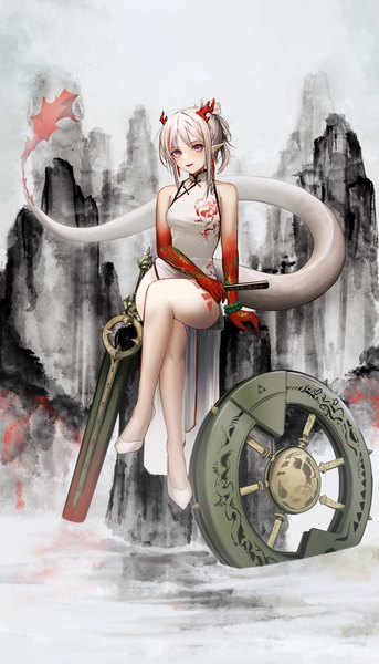 Anime picture 2508x4381 with arknights nian (arknights) nian (unfettered freedom) (arknights) mihaia single tall image looking at viewer highres light erotic sitting silver hair full body tail traditional clothes horn (horns) pointy ears bare legs sleeveless crossed legs official alternate costume