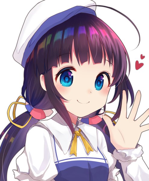 Anime picture 1000x1210 with ryuuou no oshigoto! hinatsuru ai gyozanuko single long hair tall image blush blue eyes simple background smile white background twintails payot purple hair upper body ahoge low twintails waving girl heart