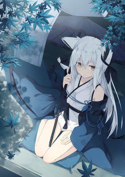 Anime picture 966x1365 with original nagishiro mito single long hair tall image looking at viewer blush fringe hair between eyes sitting brown eyes animal ears white hair tail traditional clothes japanese clothes animal tail light smile from above shadow