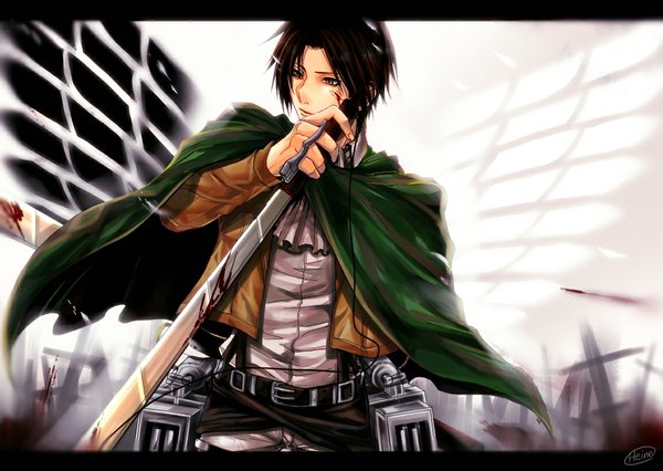 Anime picture 1148x816 with shingeki no kyojin production i.g levi (rivaille) heine (pixiv829991) single short hair black hair holding brown eyes signed looking away bloody weapon boy weapon wings belt blood mantle