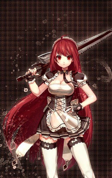 Anime picture 740x1171 with elsword elesis (elsword) single long hair tall image looking at viewer light erotic simple background red eyes cleavage red hair angry girl thighhighs weapon white thighhighs sword necktie headdress maid headdress