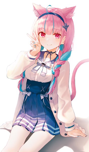 Anime picture 2344x4000 with virtual youtuber hololive minato aqua minato aqua (sailor) kerno single long hair tall image looking at viewer blush fringe highres simple background smile white background sitting animal ears payot blue hair pink hair