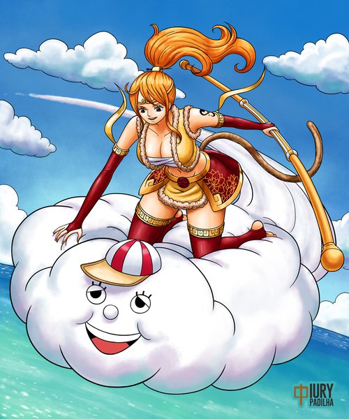 Anime picture 833x1000 with one piece journey to the west toei animation nami (one piece) zeus (one piece) iury padilha single long hair tall image fringe breasts open mouth light erotic large breasts holding brown eyes signed payot looking away sky