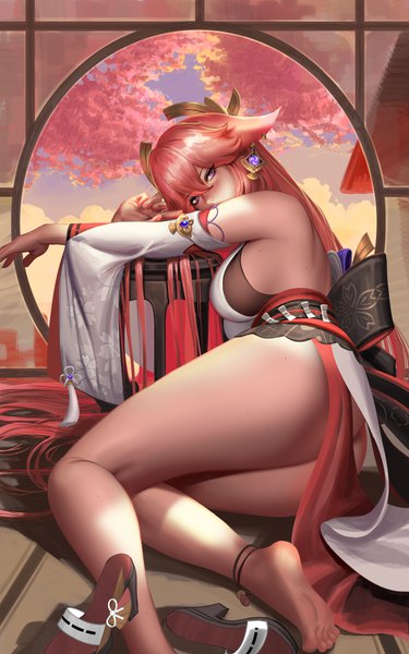 Anime picture 2782x4450 with genshin impact yae miko liang xing single long hair tall image looking at viewer blush fringe highres breasts light erotic hair between eyes large breasts purple eyes animal ears pink hair ass indoors traditional clothes