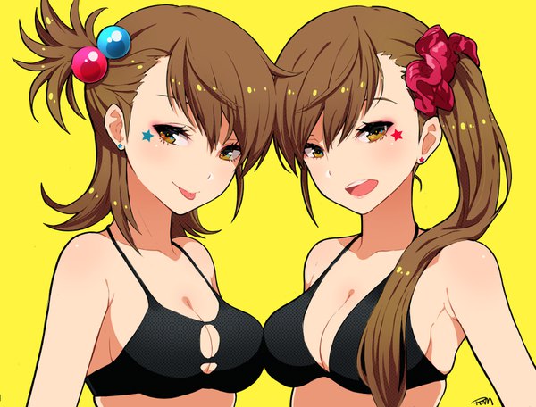 Anime picture 1600x1216 with idolmaster idolmaster (classic) futami mami futami ami lam (ramdayo) long hair looking at viewer fringe short hair breasts open mouth light erotic simple background brown hair large breasts multiple girls brown eyes signed one side up side ponytail